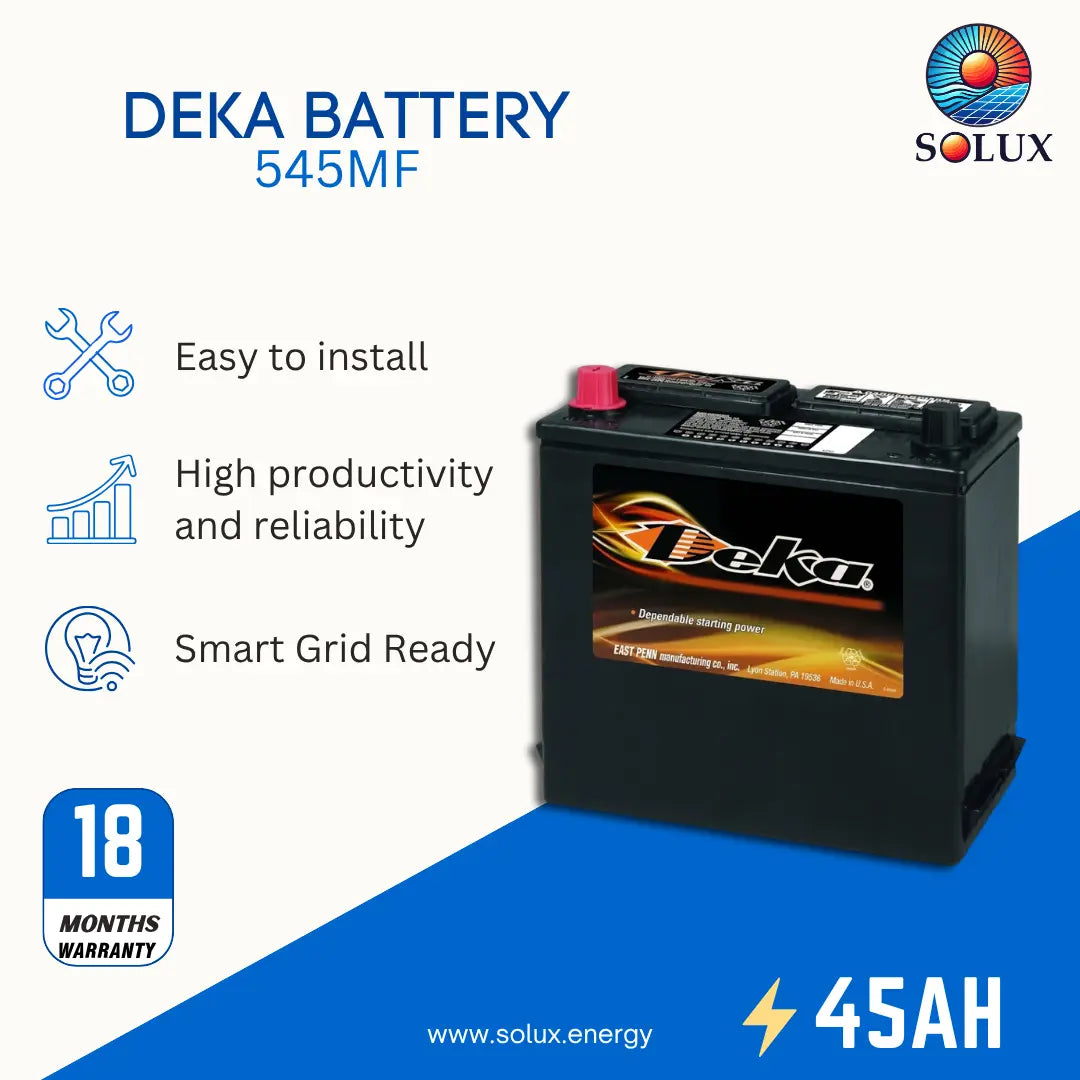 A Deka Battery 545MF car battery shown on a promotional graphic with Solux branding. The battery is black with a red terminal cap and a front label.